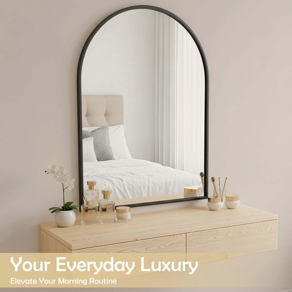 LIFERECORD 26"x38" Metal Frame Arched Bathroom Mirror, Black