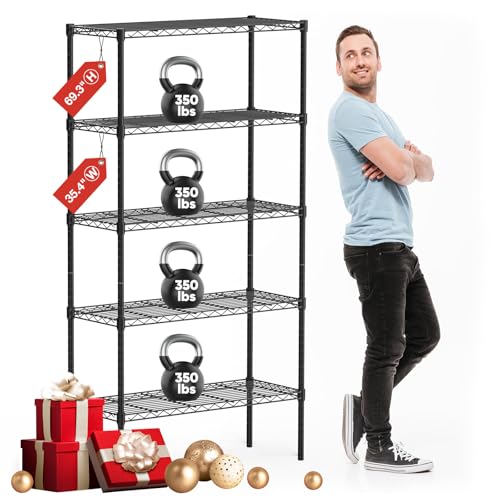 LIFERECORD 5-Shelf Adjustable Heavy Duty Steel Wire Rack Storage Shelving Organizer for Kitchen, Garage, 35.43" L x 13.78" W x 69.29" H, Black