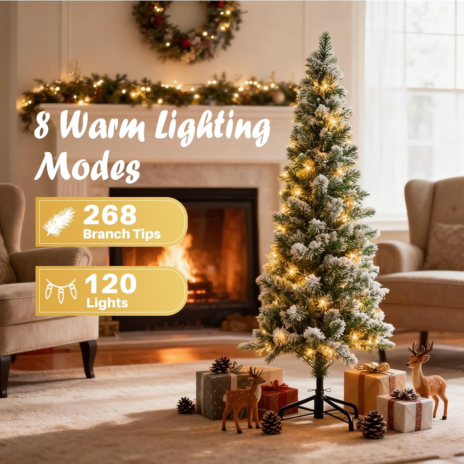 LIFERECORD 4.5ft Prelit Artificial Hinged Slim Pencil Christmas Tree with 120 Lights, 280 Full Branch Tips, 8 Warm Lingting Motes Perfect Decoration for Xmas Holiday, White