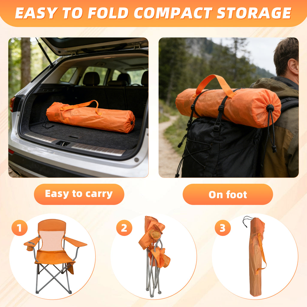 LIFERECORD Portable Camping Chair with Cup Holder & Side Pocket, Lightweight Folding Outdoor Chair for Beach, Fishing, Picnic, Heavy Duty 300LBS Capacity, Orange