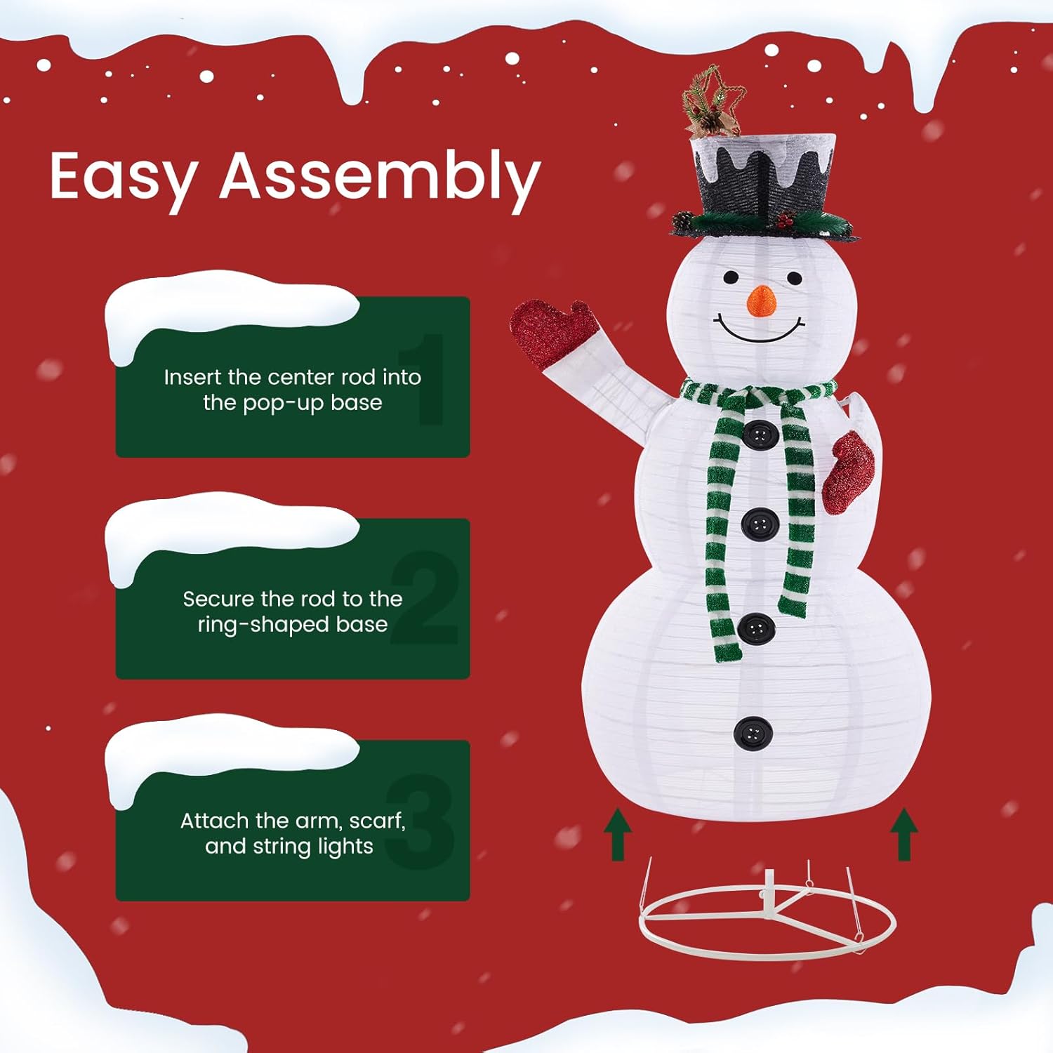 LIFERECORD 5ft Lighted Pop-Up Snowman, Large White Outdoor Christmas Holiday Decoration with 200 LED Lights, Hat, Scarf, Multicolored Lights,White/Green