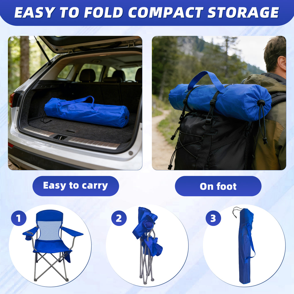 LIFERECORD Portable Camping Chair with Cup Holder & Side Pocket, Lightweight Folding Outdoor Chair for Beach, Fishing, Picnic, Heavy Duty 300LBS Capacity, Blue
