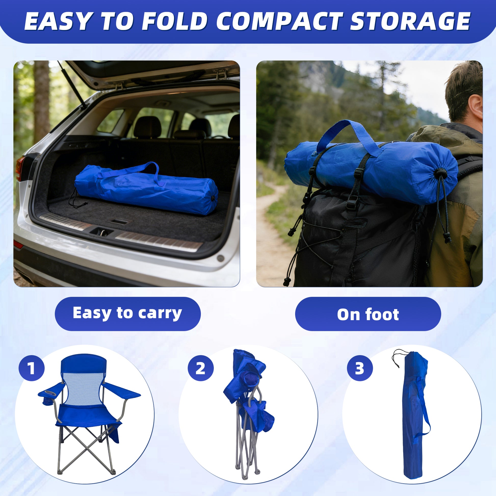 LIFERECORD Portable Camping Chair with Cup Holder & Side Pocket, Lightweight Folding Outdoor Chair for Beach, Fishing, Picnic, Heavy Duty 300LBS Capacity, Blue