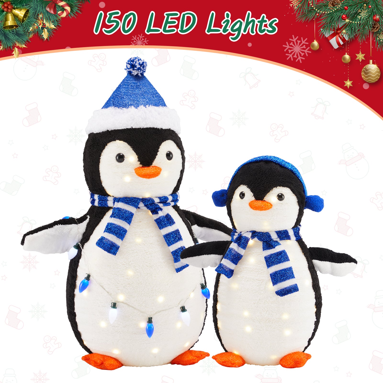LIFERECORD 2PC Lighted Penguin Family, 3ft Pop-Up Outdoor Christmas Holiday Decoration w/ 150 LED Lights, Multicolored Lights - Blue