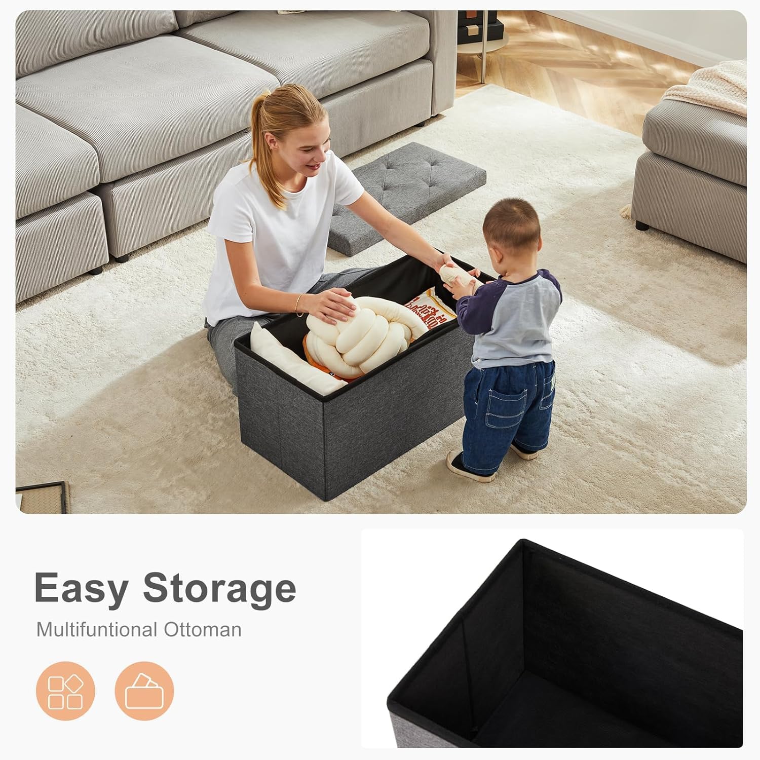ACCVER 30 Inches Foldable Storage Ottoman Bench - 660lbs Large Padded Seat Foot Rest w/ 154L Storage Chest, for Bedroom, Living Room & Entryway, Linen Grey