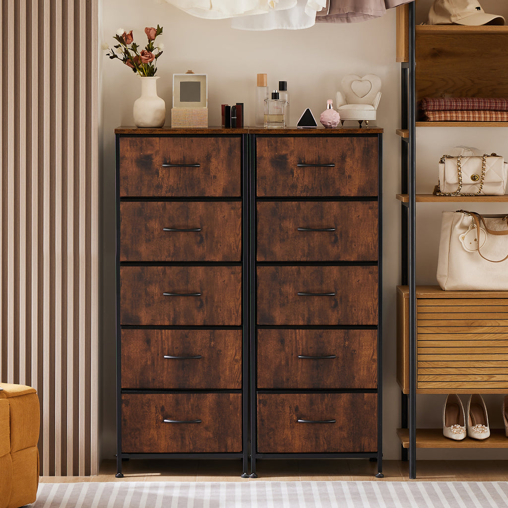 ACCVER Dresser for Bedroom 5 Storage drawer, Fabric Closet Chests Organizer Tower with Wooden Top Metal Frame for Living Room Hallway Entryway, Brown