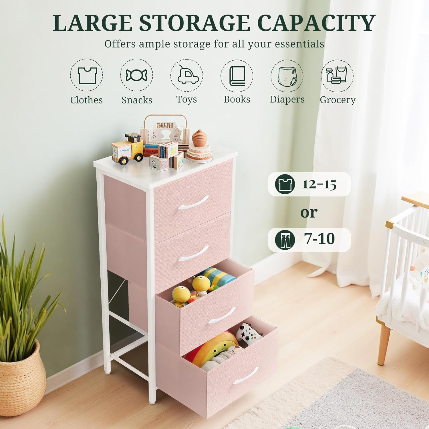ACCVER Dresser for Bedroom 4 Storage drawer, Fabric Closet Chests Organizer Tower with Wooden Top Metal Frame for Living Room Hallway Entryway, Pink