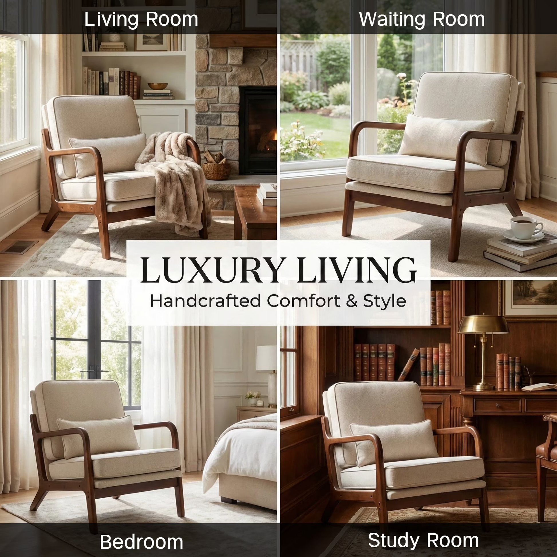 LIFERECORD Mid Century Modern Accent Chair, Reading Chair with Arms and Lumbar Cushion, Comfortable Lounge Chair for Living Room Bedroom, Solid Rubberwood Frame