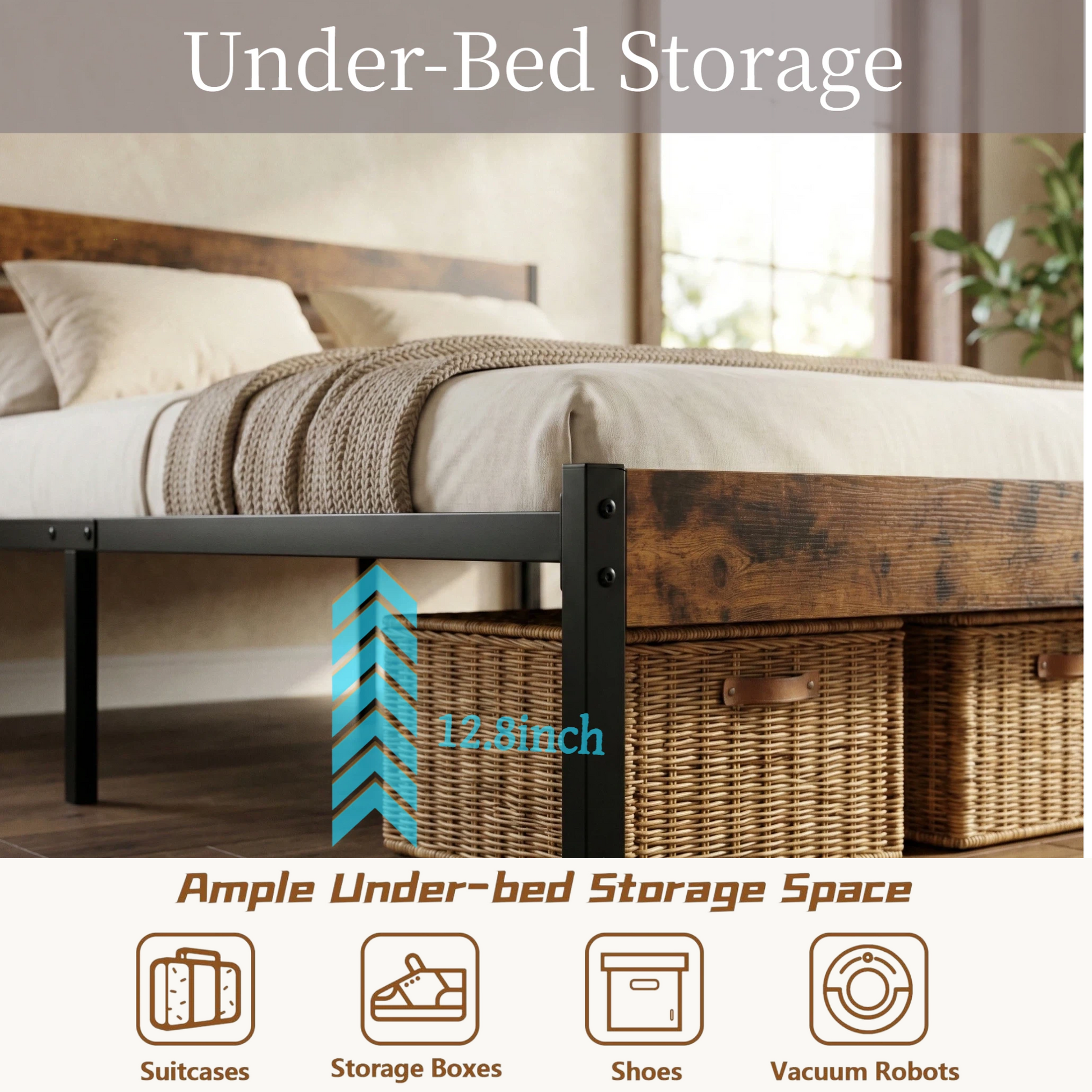 LIFERECORD Queen Size Bed Frame with Headboard, 800LBS Heavy Duty Metal Support, 12.8" Under Bed Storage, No Box Spring Needed, Easy Assembly, Noise Free, Rust Brown