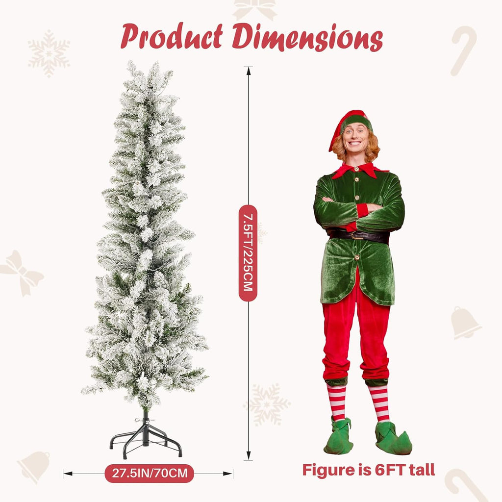 LIFERECORD 7.5ft Prelit Artificial Hinged Slim Pencil Christmas Tree with 350 Lights, 860 Full Branch Tips, 8 Warm Lingting Motes Perfect Decoration for Xmas Holiday, White