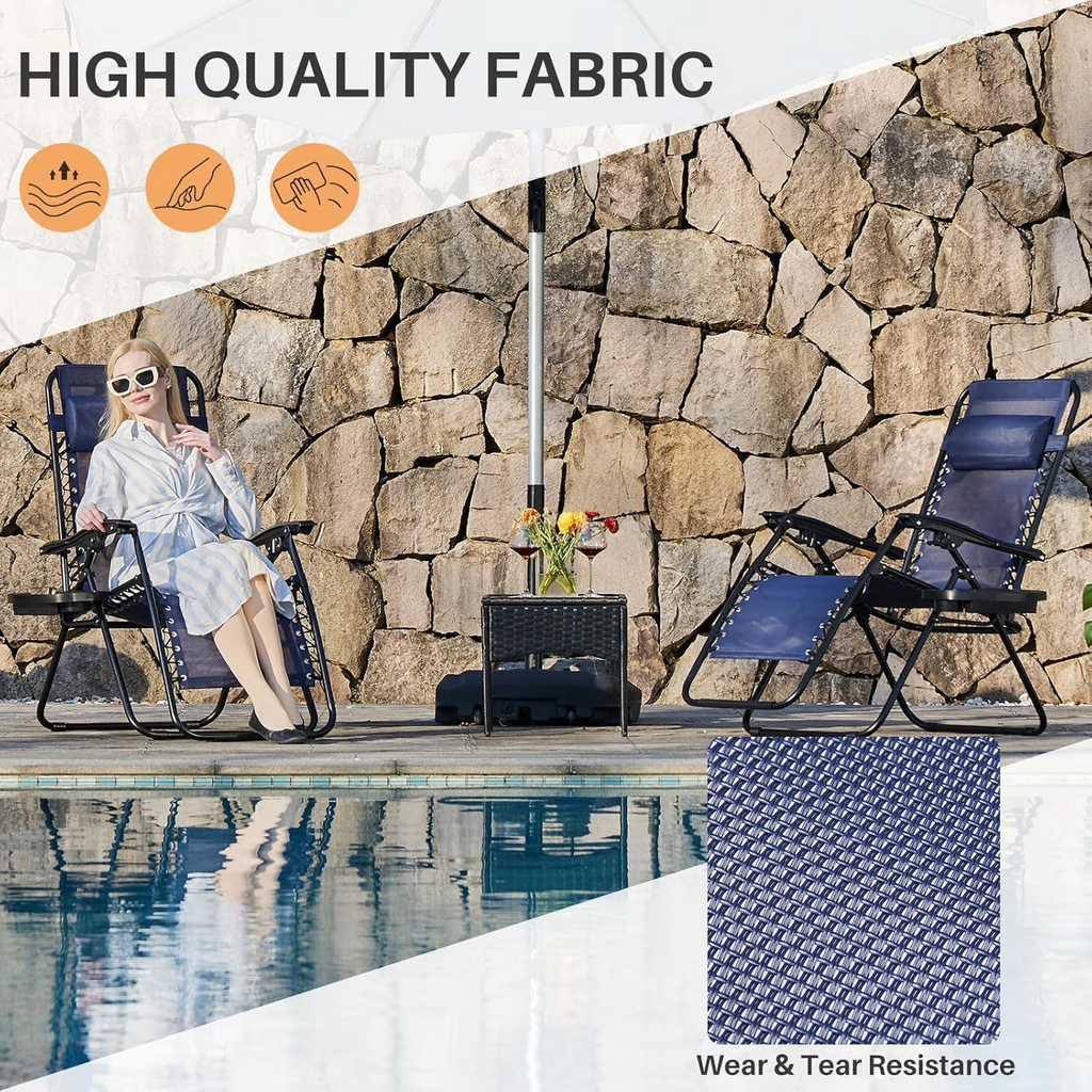 Set of 2 Zero Gravity Chairs with Cup Holder Trays, Portable Recliner Beach Camping Patio Outdoor Folding Lounge Chairs with Adjustable Pillow, Blue