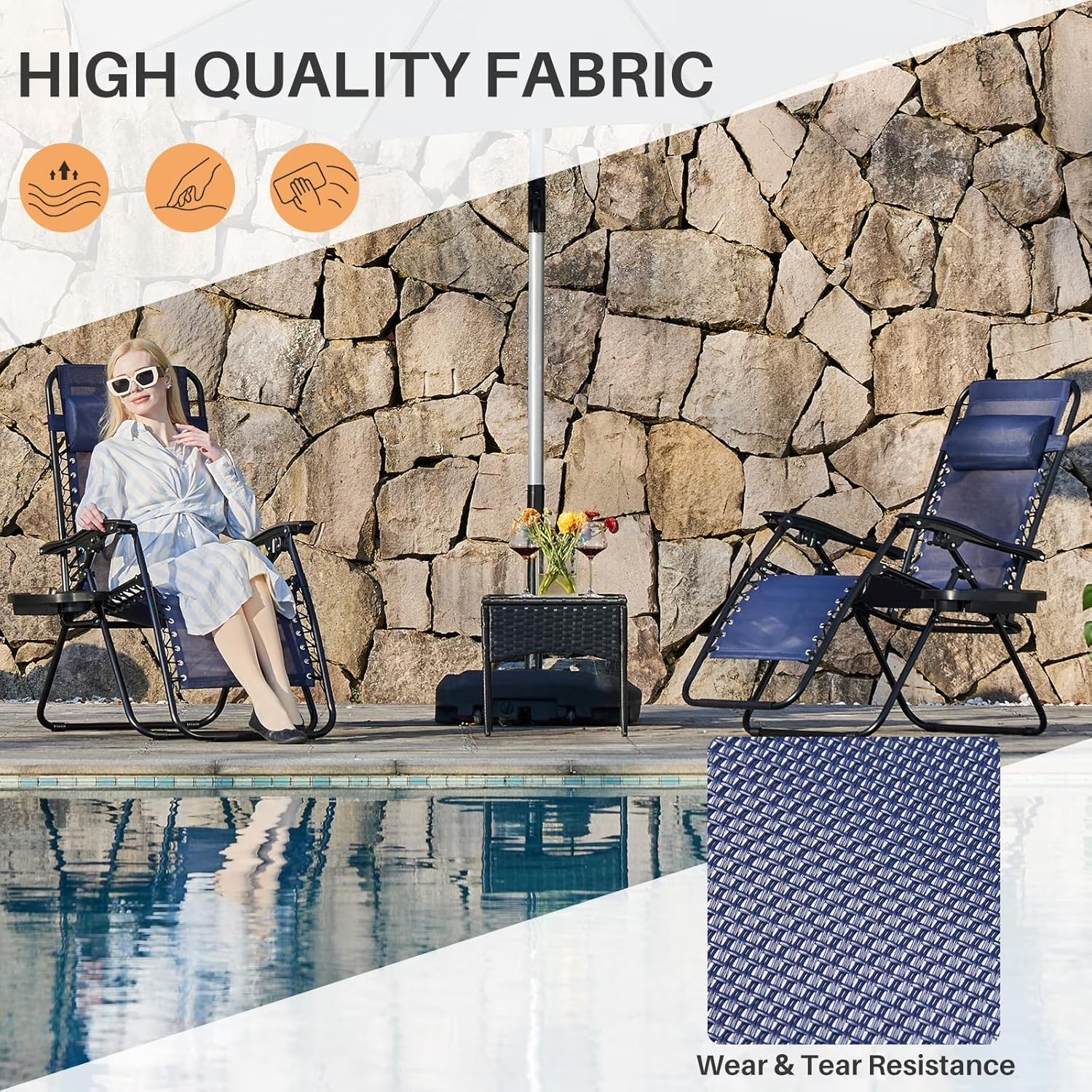 Set of 2 Zero Gravity Chairs with Cup Holder Trays, Portable Recliner Beach Camping Patio Outdoor Folding Lounge Chairs with Adjustable Pillow, Blue