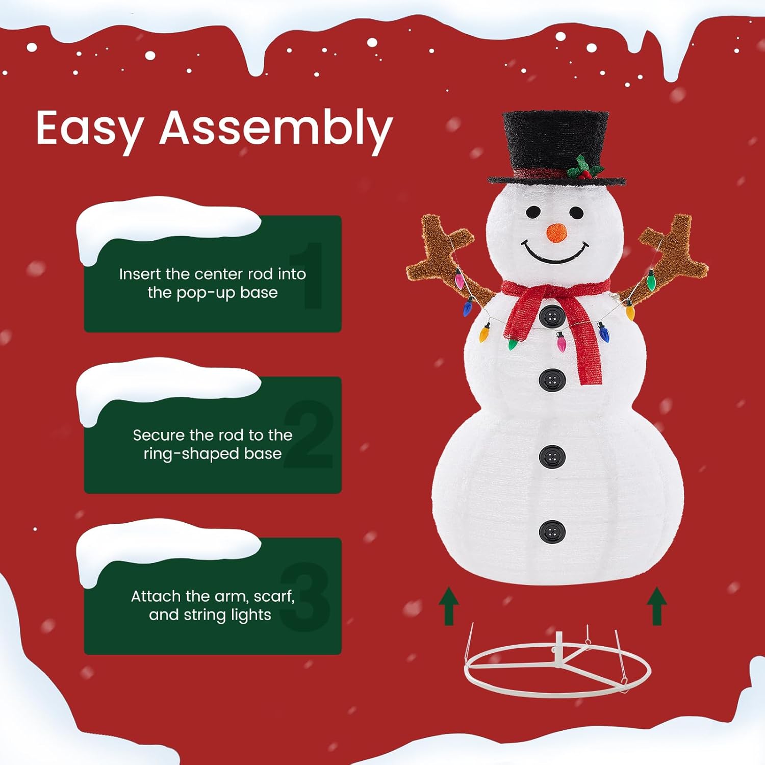 LIFERECORD 5ft Lighted Pop-Up Snowman, Large White Outdoor Christmas Holiday Decoration with 200 LED Lights, Hat, Scarf, Multicolored Lights,White/Red