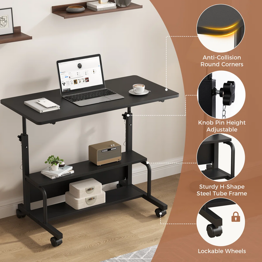 LIFERECORD Adjustable Height Standing Desk 31.5", Portable Rolling Desk on Wheels, Mobile Computer Desk with Lockable Wheels & 2-Tier Storage for Small Spaces Home Office