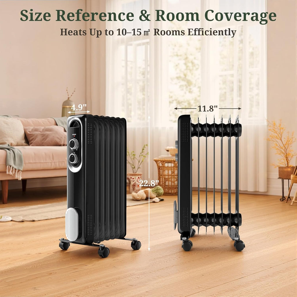 ROSVOVO 1500W Oil Filled Radiator Heater - 3 Heat Settings, Adjustable Thermostat, Ultra Quiet Portable Space Heater for Bedroom & Office, Black