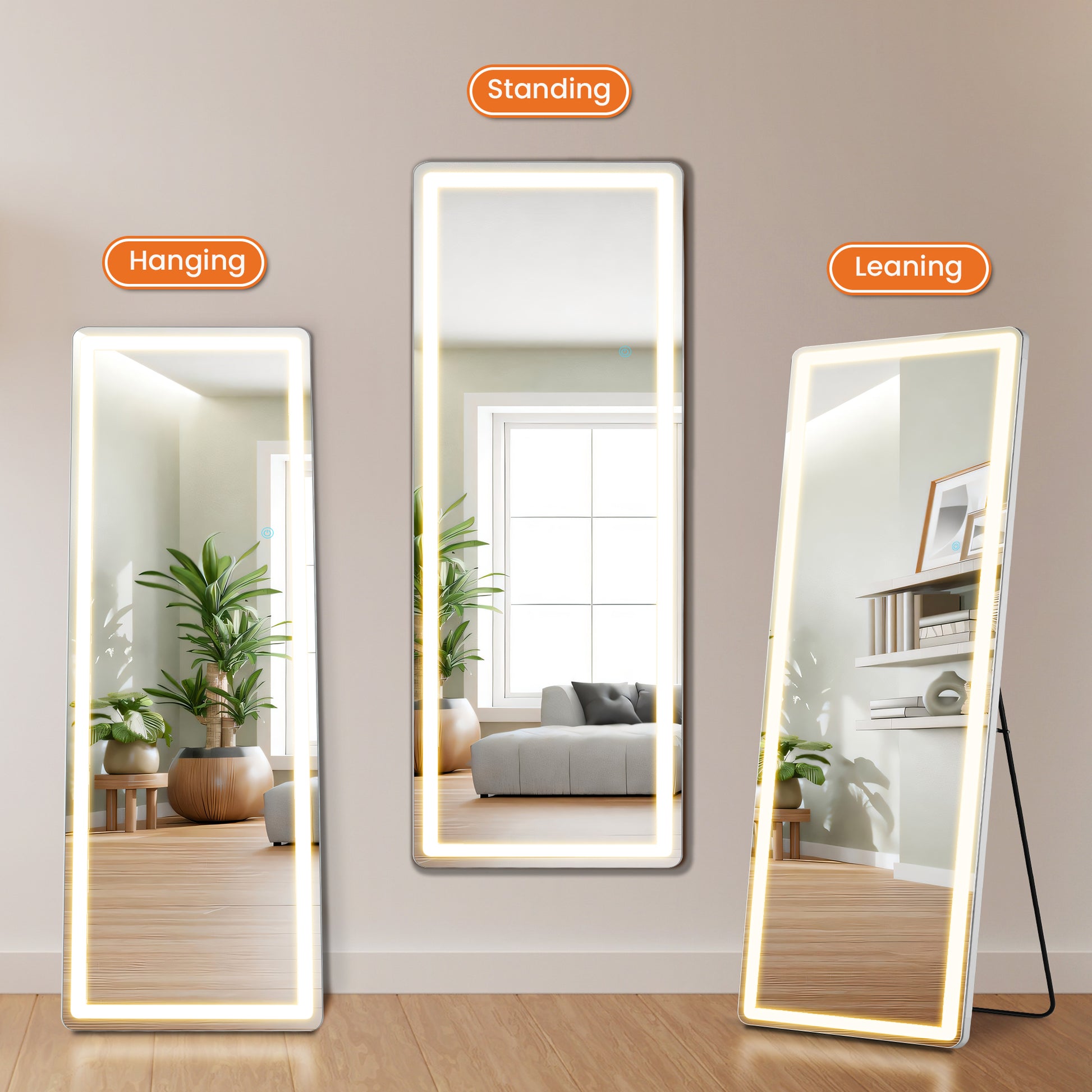LIFERECORD 60"x16" Full Length Mirror with LED Lights, 3 Color Lighting Floor Standing Mirror with Dimming, Standing and Wall Mounted Mirror for Bedroom, Living Room, Cloakroom
