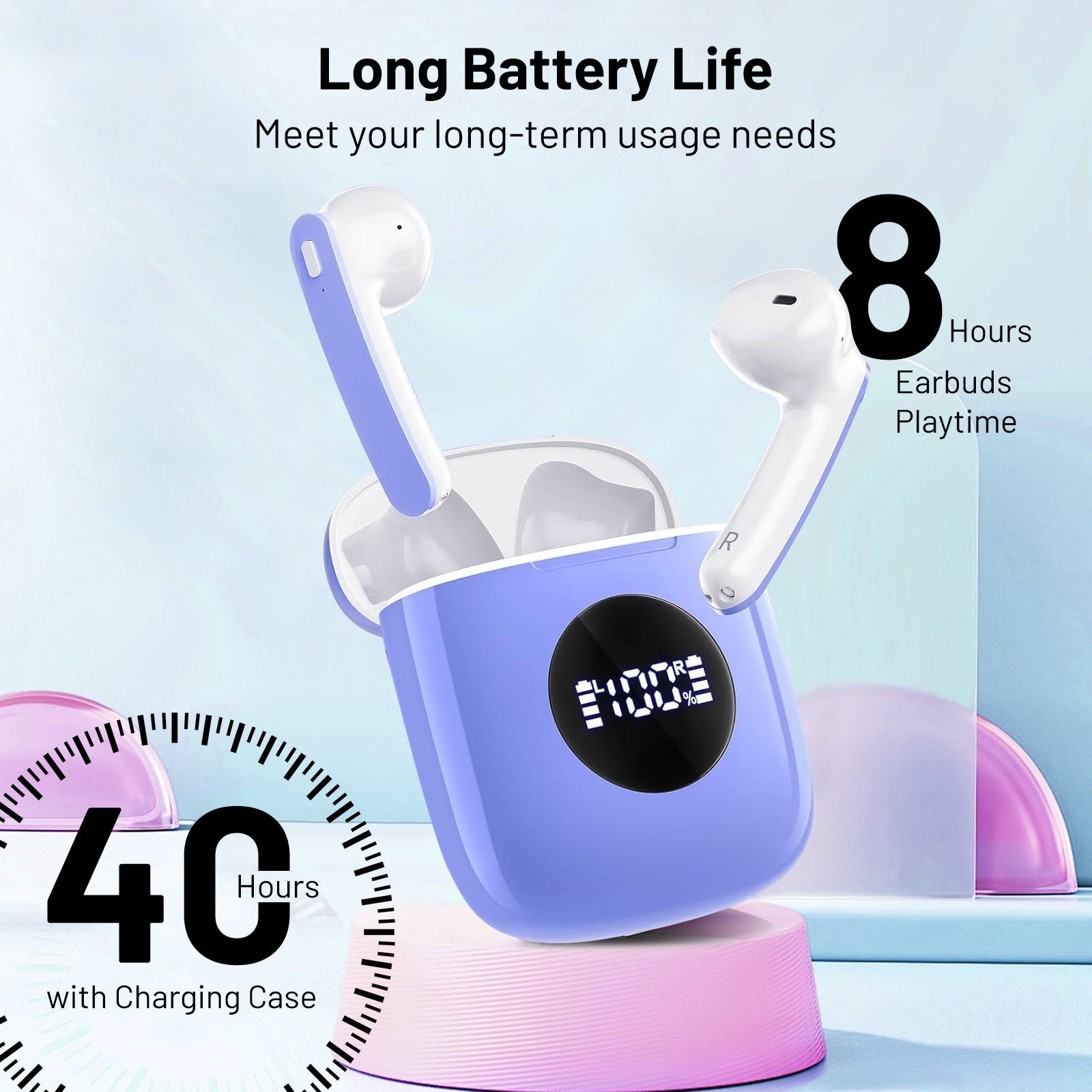 Wireless Headphones with 40Hrs Battery Life, Deep Bass, Wireless Charging Case, LED Display, Waterproof Mic - For Phone, Tablet, TV