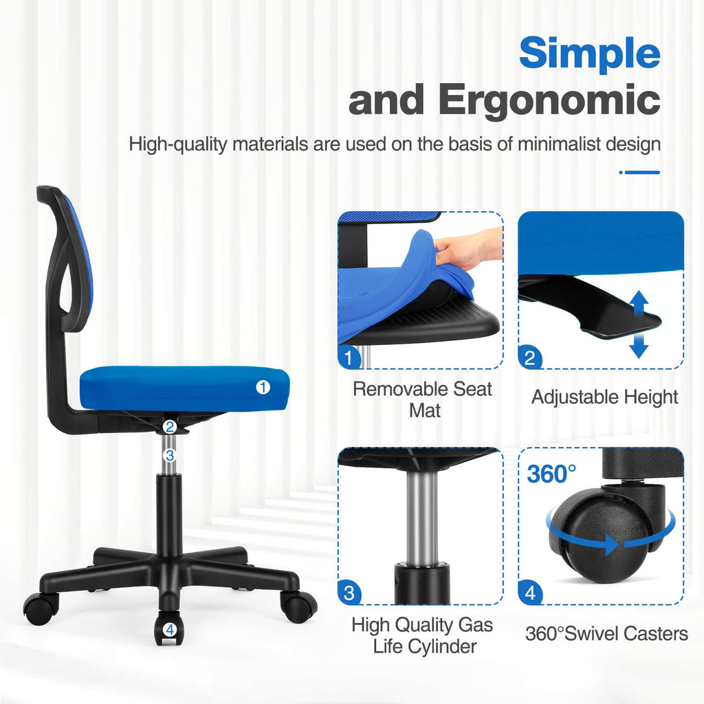 LIFERECORD Ergonomic Armless Office Chair, Swivel Rolling Mesh Desk Chair with Lumbar Support, Adjustable Height Low-Back Computer Chair for Small Spaces, Home, Bedroom, Office