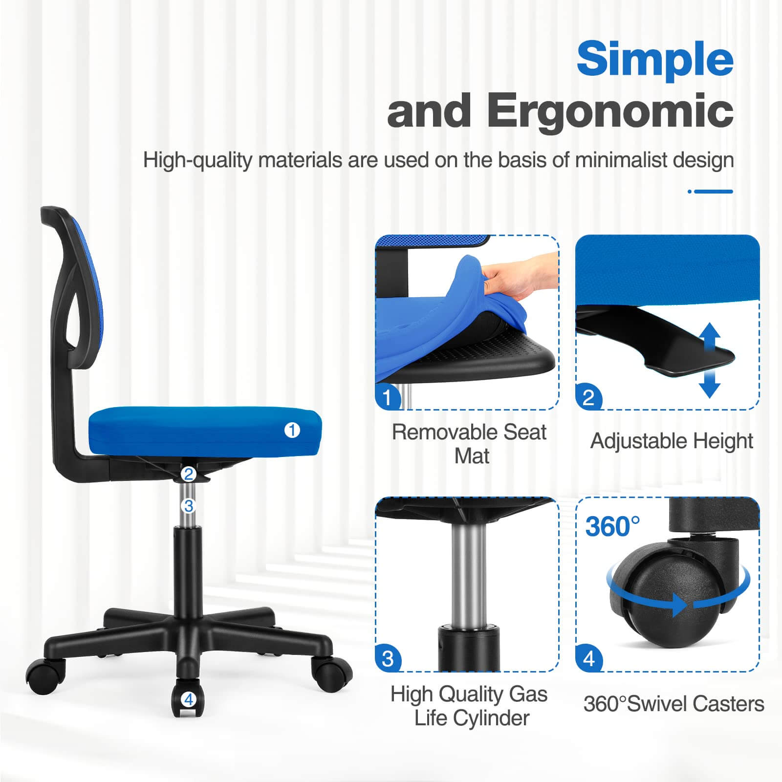 LIFERECORD Ergonomic Armless Office Chair, Swivel Rolling Mesh Desk Chair with Lumbar Support, Adjustable Height Low-Back Computer Chair for Small Spaces, Home, Bedroom, Office