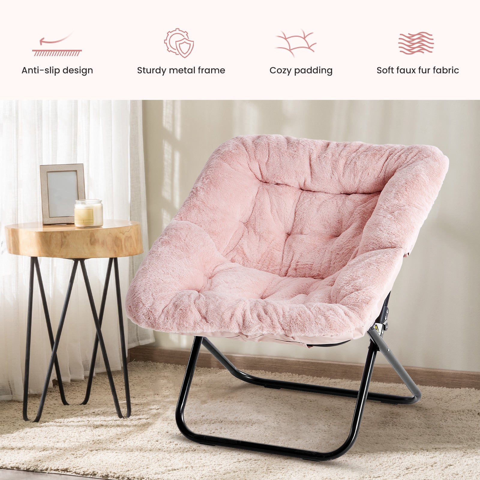 LIFERECORD Oversized Faux Fur Folding Chair - Plush Lounge Chair for Adults, Large Foldable Reading Chair for Bedroom, Dorm & Living Room, Pink