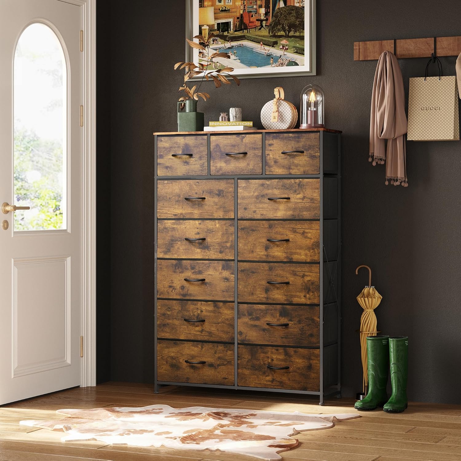 ACCVER 13-Drawer Fabric Dresser with Wood Top & Metal Frame, Closet and Chest for Bedroom, Clothes Storage Organizer, for Living Room, Apartment,Brown