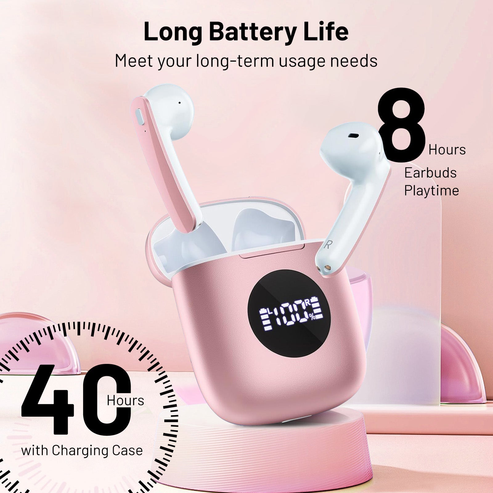 Wireless Headphones with 40Hrs Battery Life, Deep Bass, Wireless Charging Case, LED Display, Waterproof Mic - For Phone, Tablet, TV