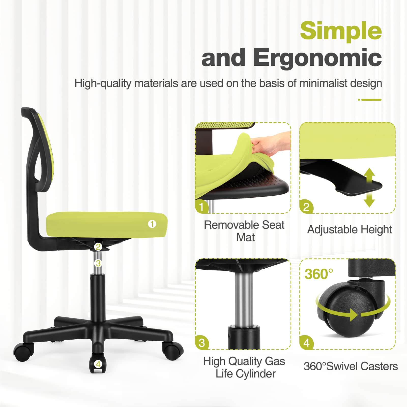 LIFERECORD Ergonomic Armless Office Chair, Swivel Rolling Mesh Desk Chair with Lumbar Support, Adjustable Height Low-Back Computer Chair for Small Spaces, Home, Bedroom, Office