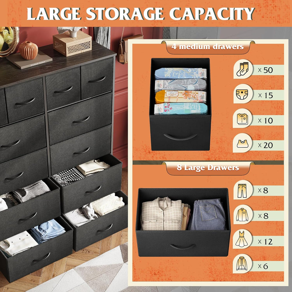 ACCVER Dresser for Bedroom 12 Storage drawer, Fabric Closet Chests Organizer Tower with Wooden Top Metal Frame for Living Room Hallway Entryway