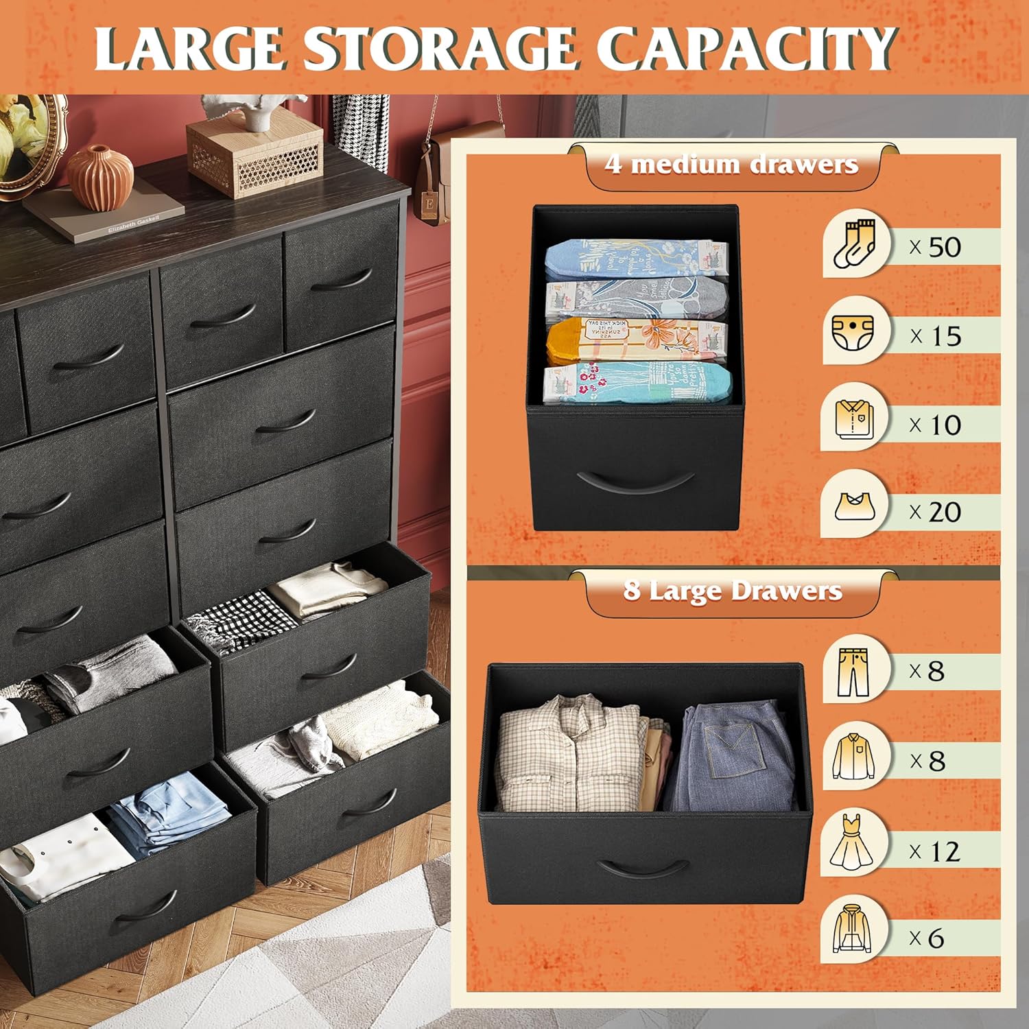 ACCVER Dresser for Bedroom 12 Storage drawer, Fabric Closet Chests Organizer Tower with Wooden Top Metal Frame for Living Room Hallway Entryway