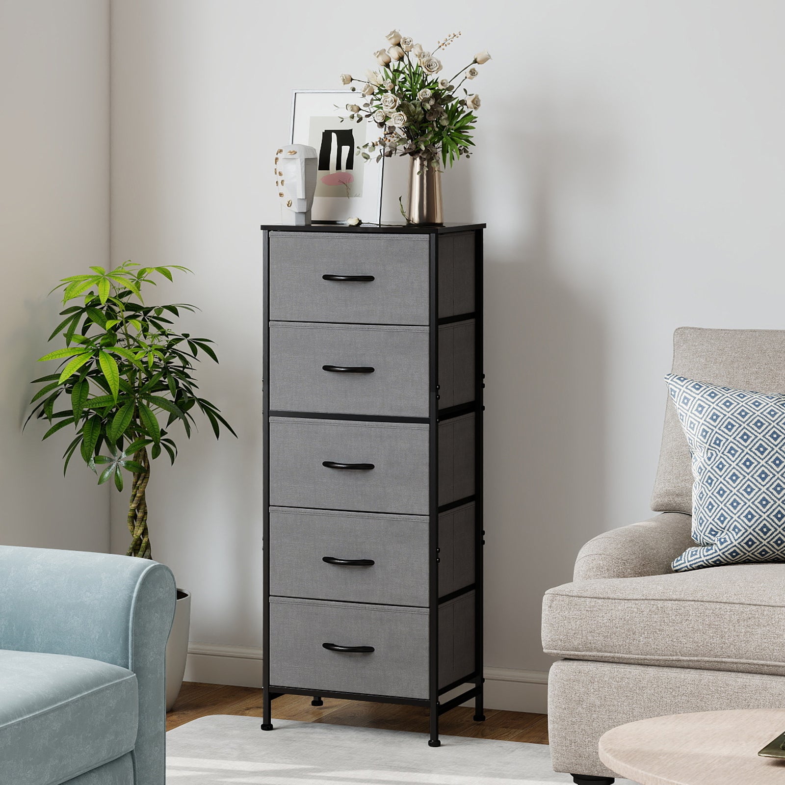 ACCVER Dresser for Bedroom 5 Storage drawer, Fabric Closet Chests Organizer Tower with Wooden Top Metal Frame for Living Room Hallway Entryway, Gray