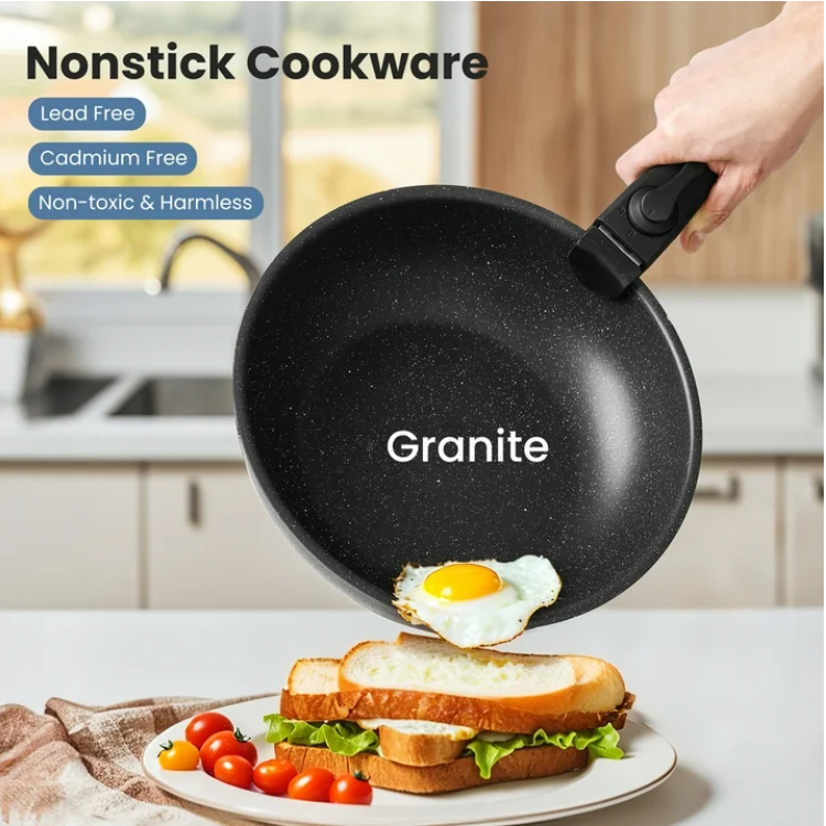 LIFERECORD 12-Piece Nonstick Pots and Pans Set, Granite Coating Cookware Set with Detachable Handle, Induction Compatible, Oven & Dishwasher Safe, Includes Frying Pans, Saucepan & Utensils Black