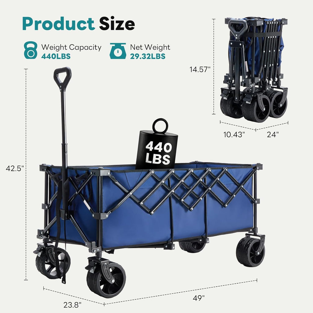 ACCVER Heavy Duty Collapsible Wagon Cart - 440LBS Capacity Folding Utility Cart w/ All-Terrain Wheels for Camping, Beach, Grocery, Sports (Foldable & Portable), Extra Large Blue