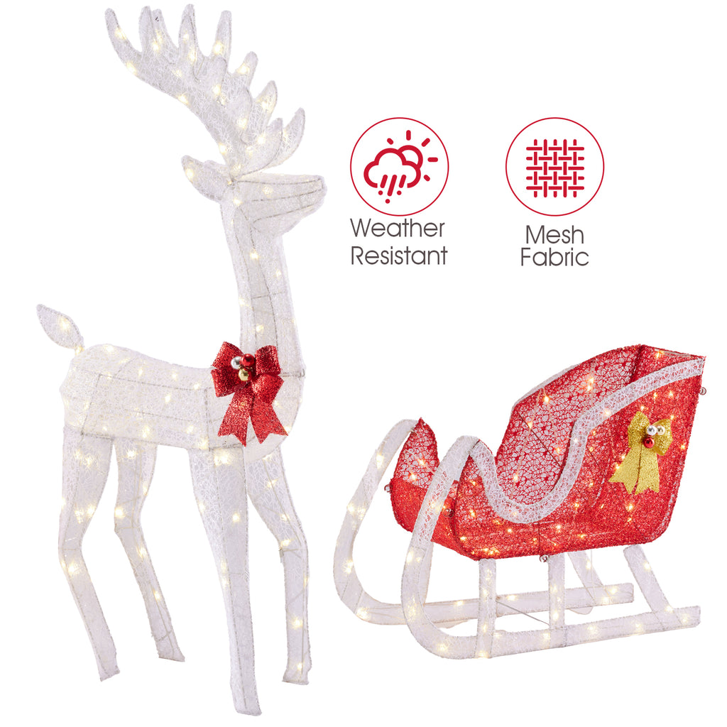 LIFERECORD 4 FT Christmas Lighted Reindeer & Santa's Sleigh, Indoor/Outdoor Xmas Pre-Lit Yard Decoration with 180 LED Lights, Stakes & Zip Ties, Festive Holiday Decoration for Lawn & Garden, White