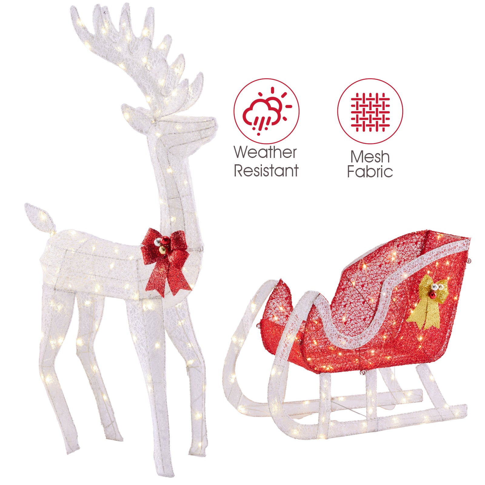 LIFERECORD 4 FT Christmas Lighted Reindeer & Santa's Sleigh, Indoor/Outdoor Xmas Pre-Lit Yard Decoration with 180 LED Lights, Stakes & Zip Ties, Festive Holiday Decoration for Lawn & Garden, White