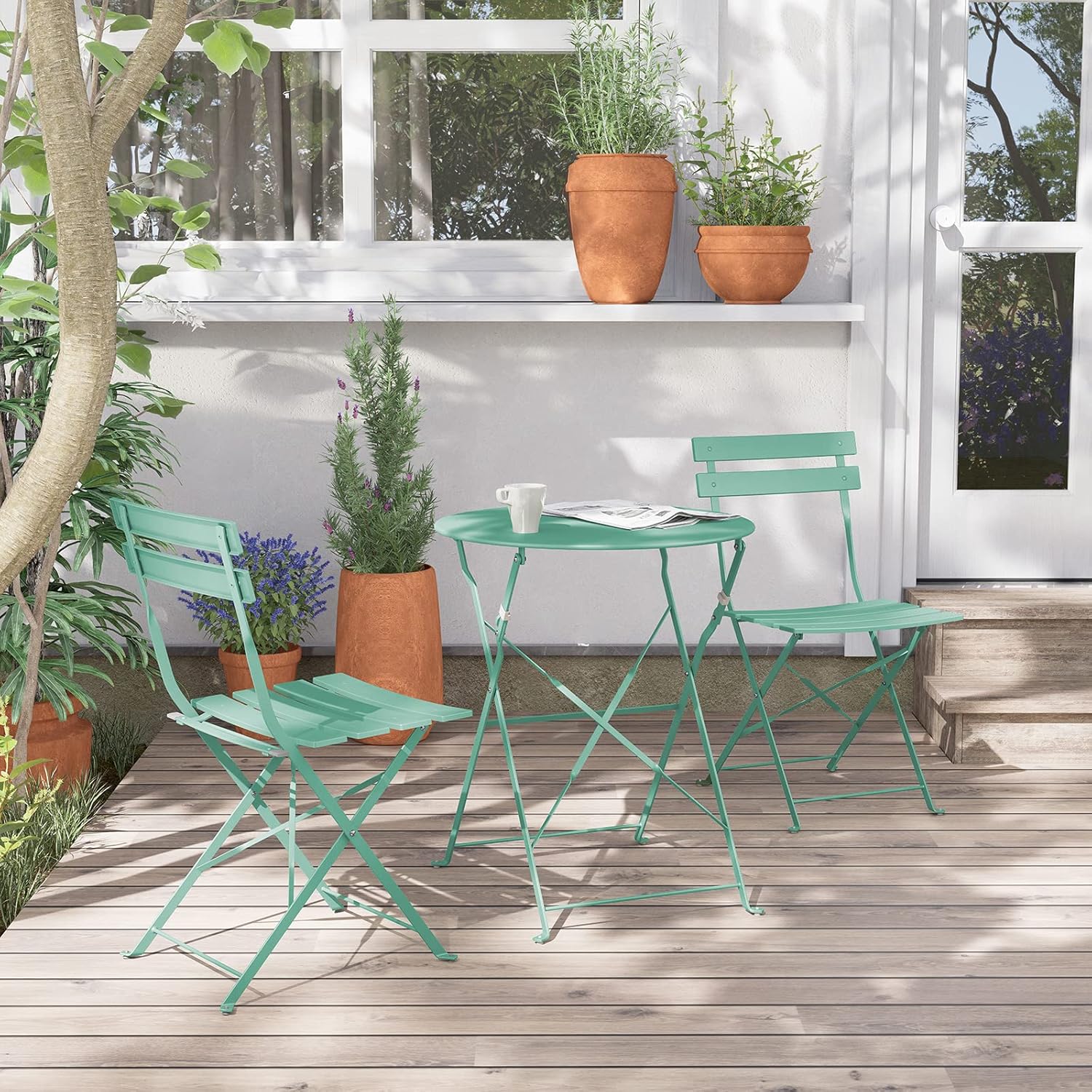 3-Piece Folding Bistro Set, 2 Chairs and 1 Table, Weather-Resistant Outdoor Indoor Conversation Set for Patio, Yard, Green