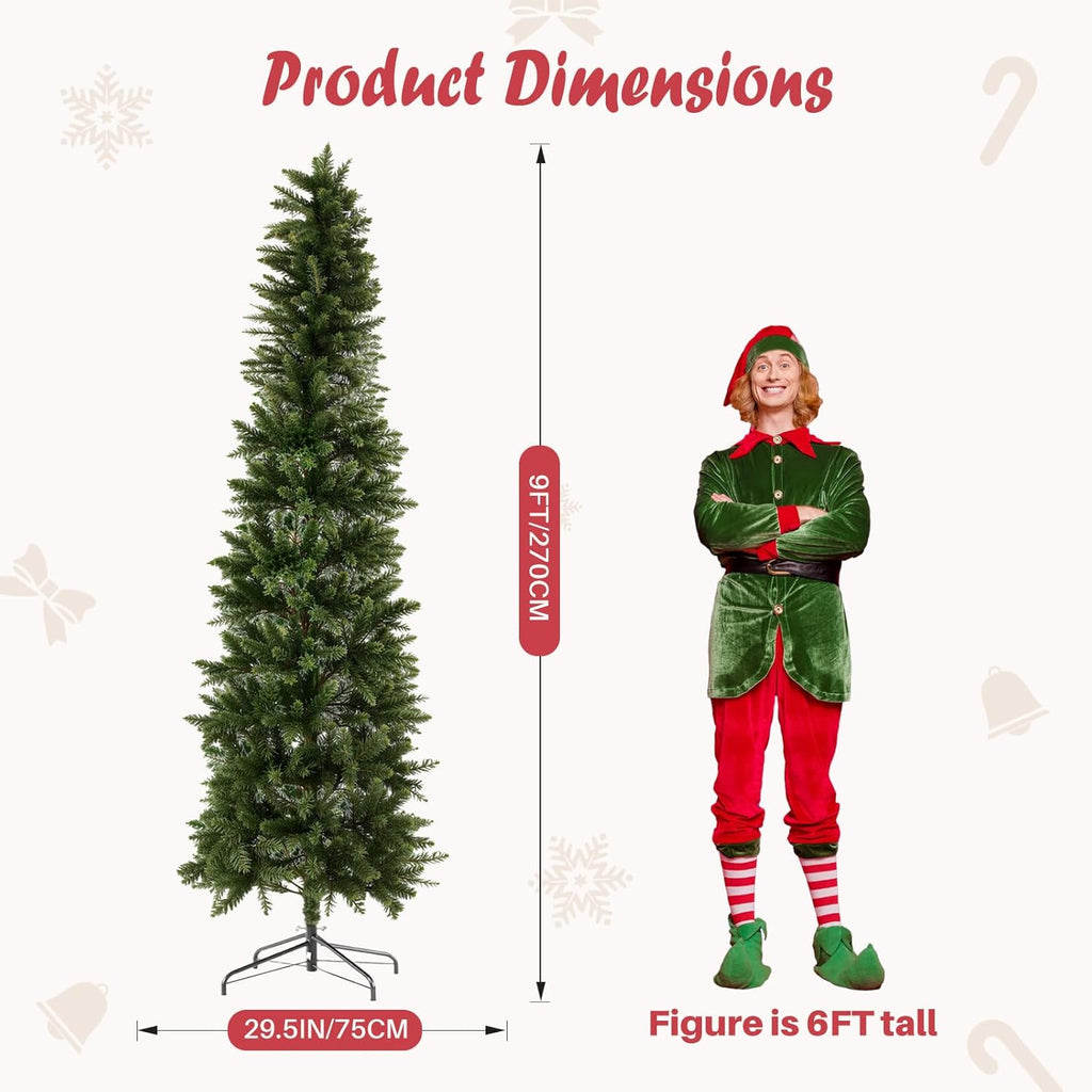 LIFERECORD 9ft Prelit Artificial Hinged Slim Pencil Christmas Tree with 500 Lights, 1100 Full Branch Tips, 8 Warm Lingting Motes Perfect Decoration for Xmas Holiday, Green