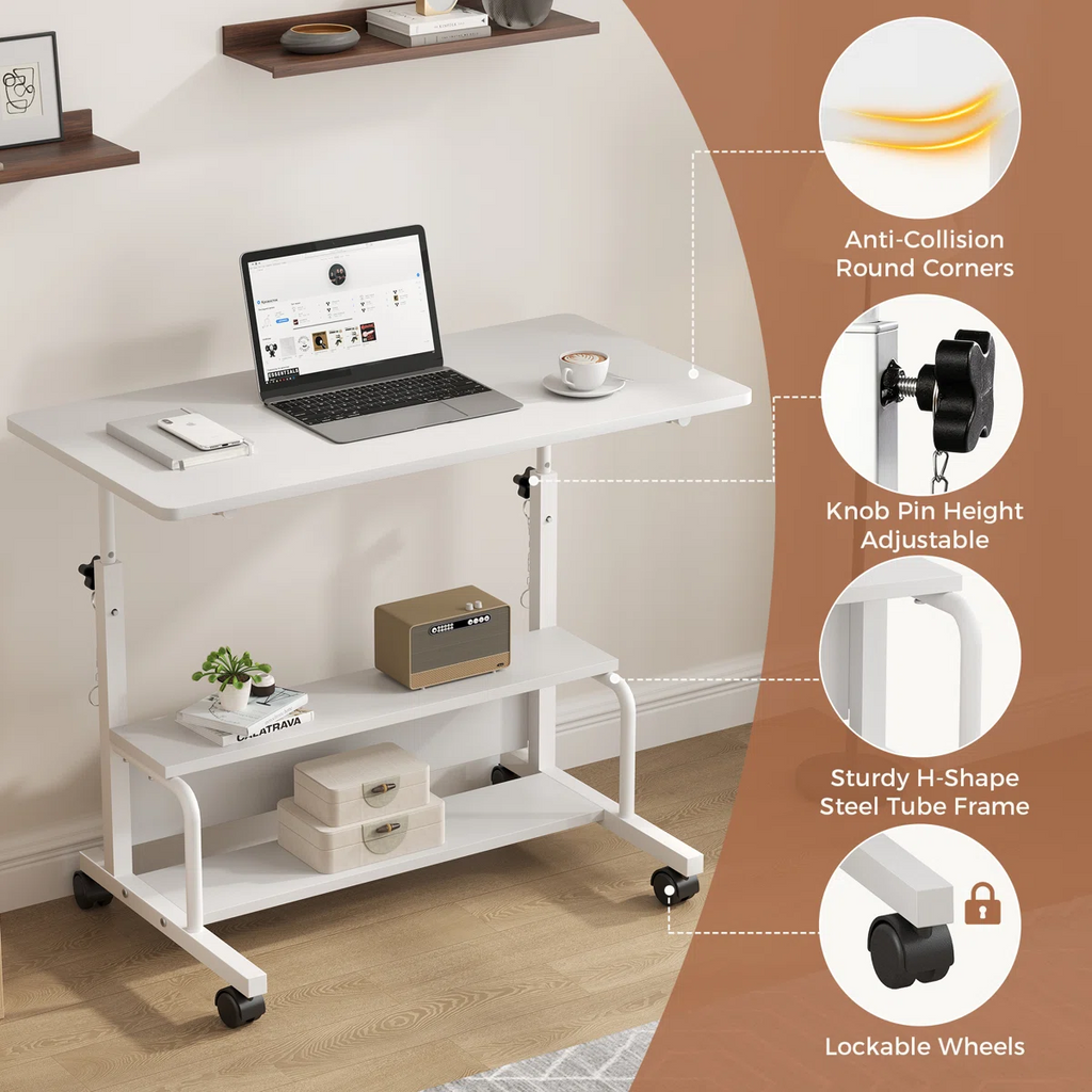 LIFERECORD Adjustable Height Standing Desk 31.5", Portable Rolling Desk on Wheels, Mobile Computer Desk with Lockable Wheels & 2-Tier Storage for Small Spaces Home Office