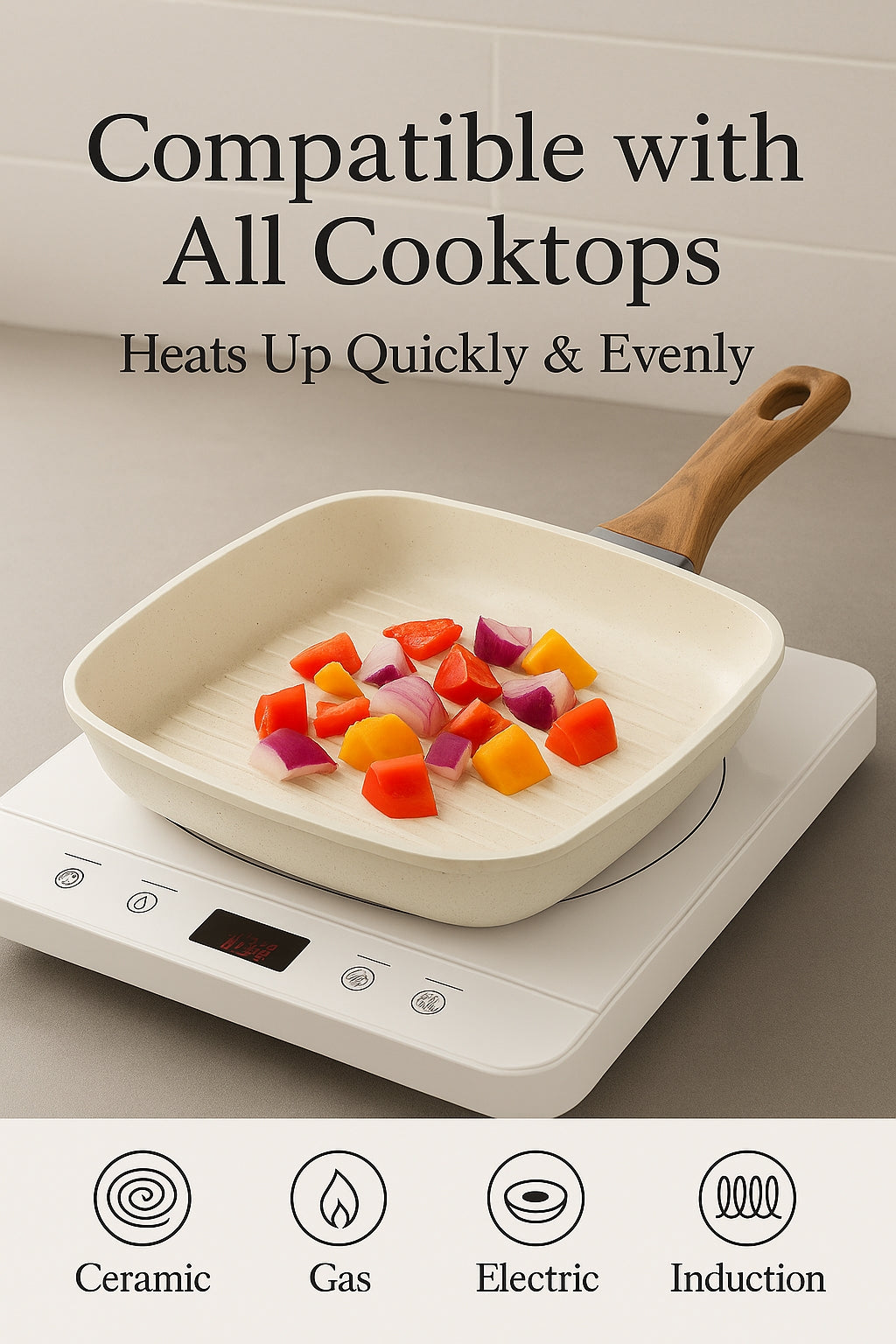 LIFERECORD Non Stick 3-Piece Kitchen Frying pan Skillet Set, 3 Piece Square Grill Pans (9.5", 10", 11") with Removable Handle, Compatible with All Stovetops, Beige