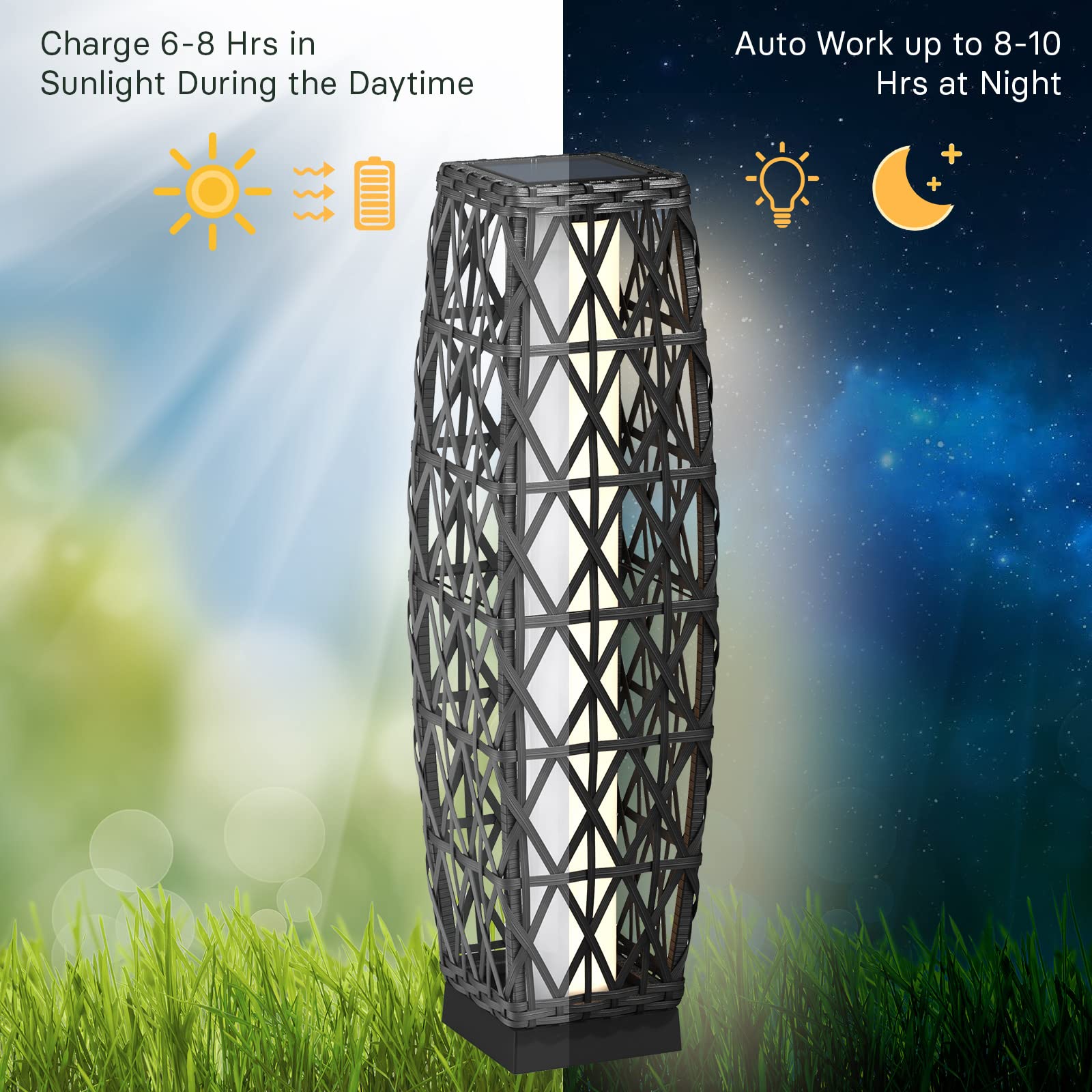 LIFERECORD Solar Powered Outdoor Floor Lamp - Automatic Woven Resin Wicker Garden Lantern, Waterproof Patio Lighting for Porch, Deck and Backyard Landscape Lighting (Large)