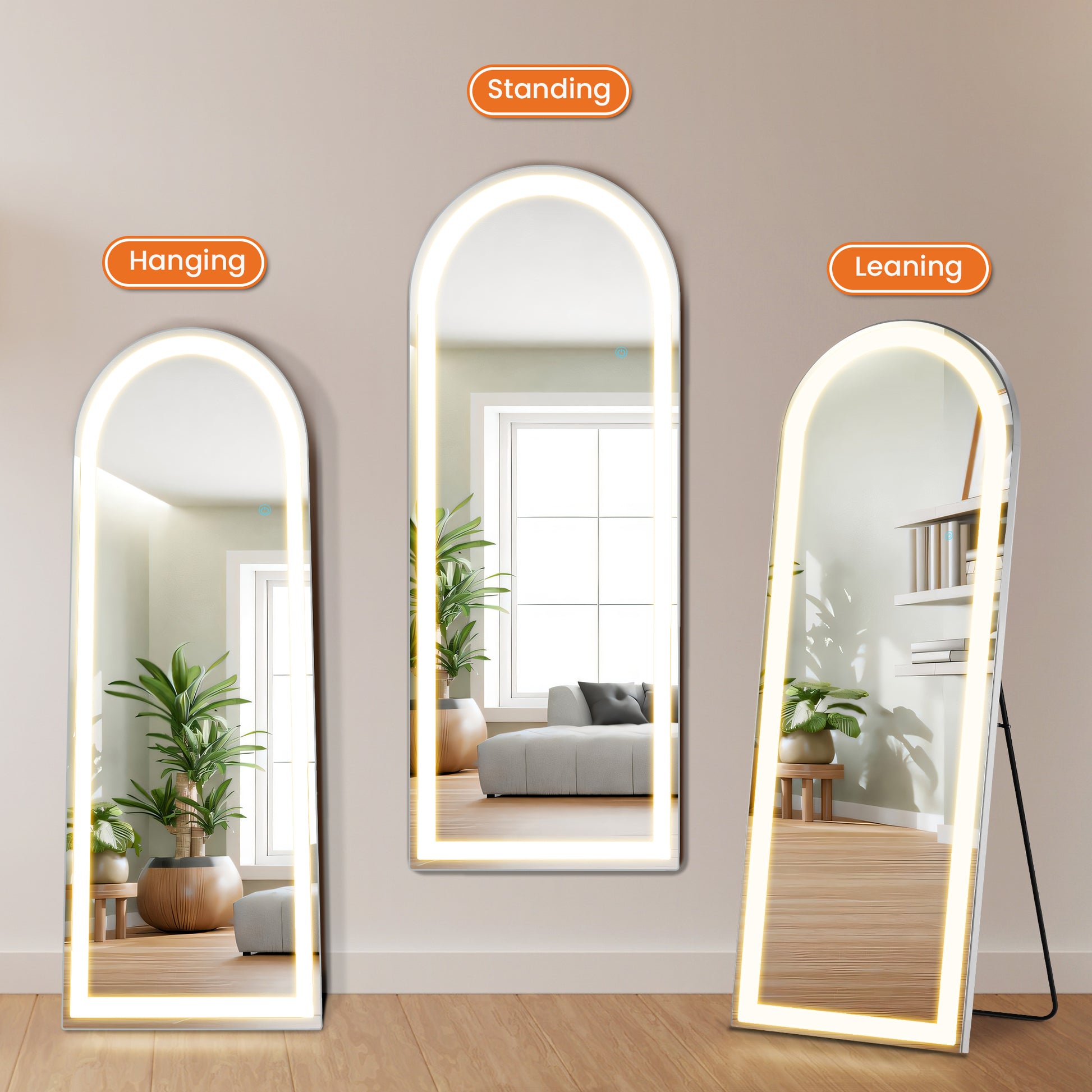 LIFERECORD 71"x26" Full Length Mirror with LED Lights, 3 Color Lighting Floor Standing Mirror with Dimming, Standing and Wall Mounted Mirror for Bedroom, Living Room, Cloakroom (Rounded Corners)