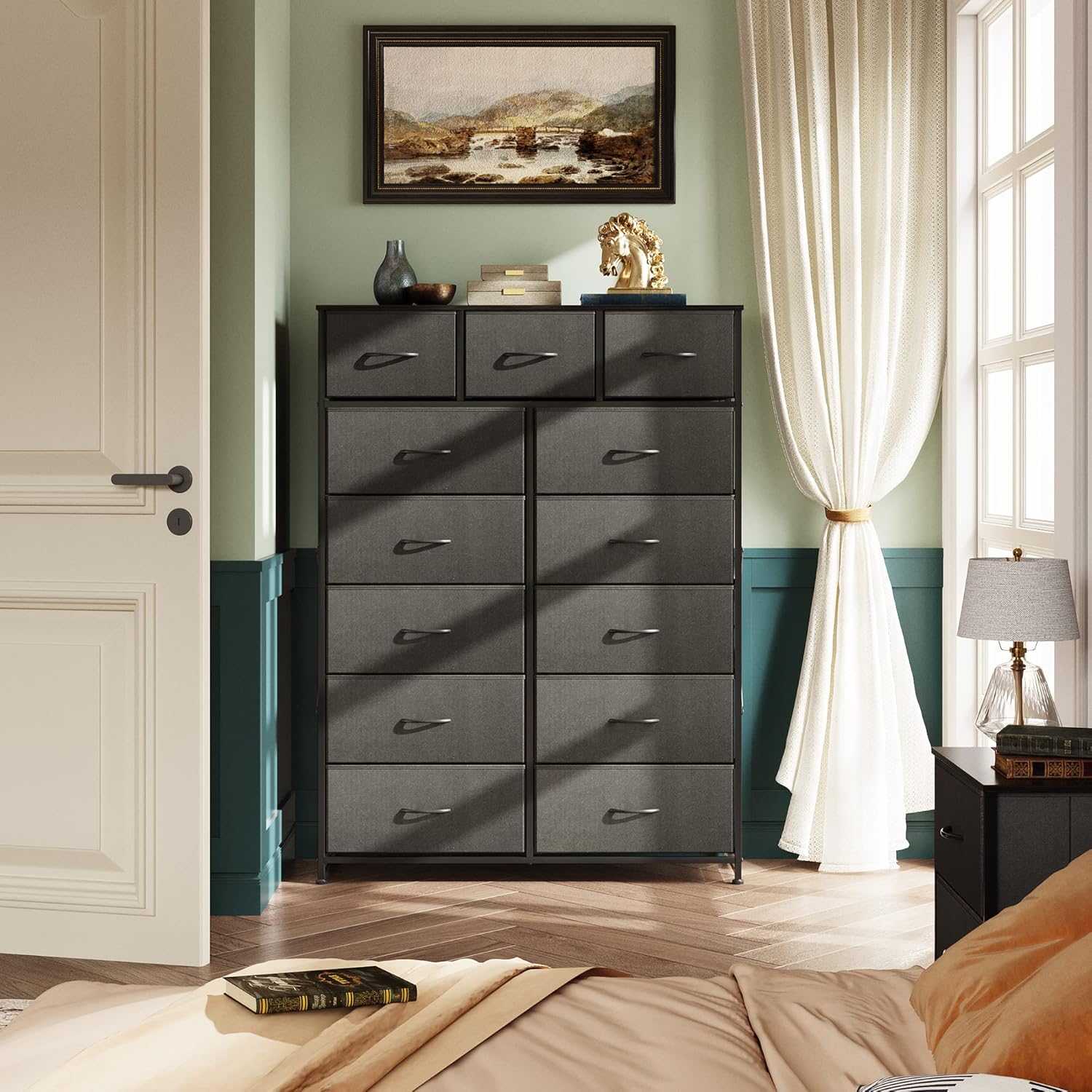 ACCVER 13-Drawer Fabric Dresser with Wood Top & Metal Frame, Closet and Chest for Bedroom, Clothes Storage Organizer, for Living Room, Apartment,Black