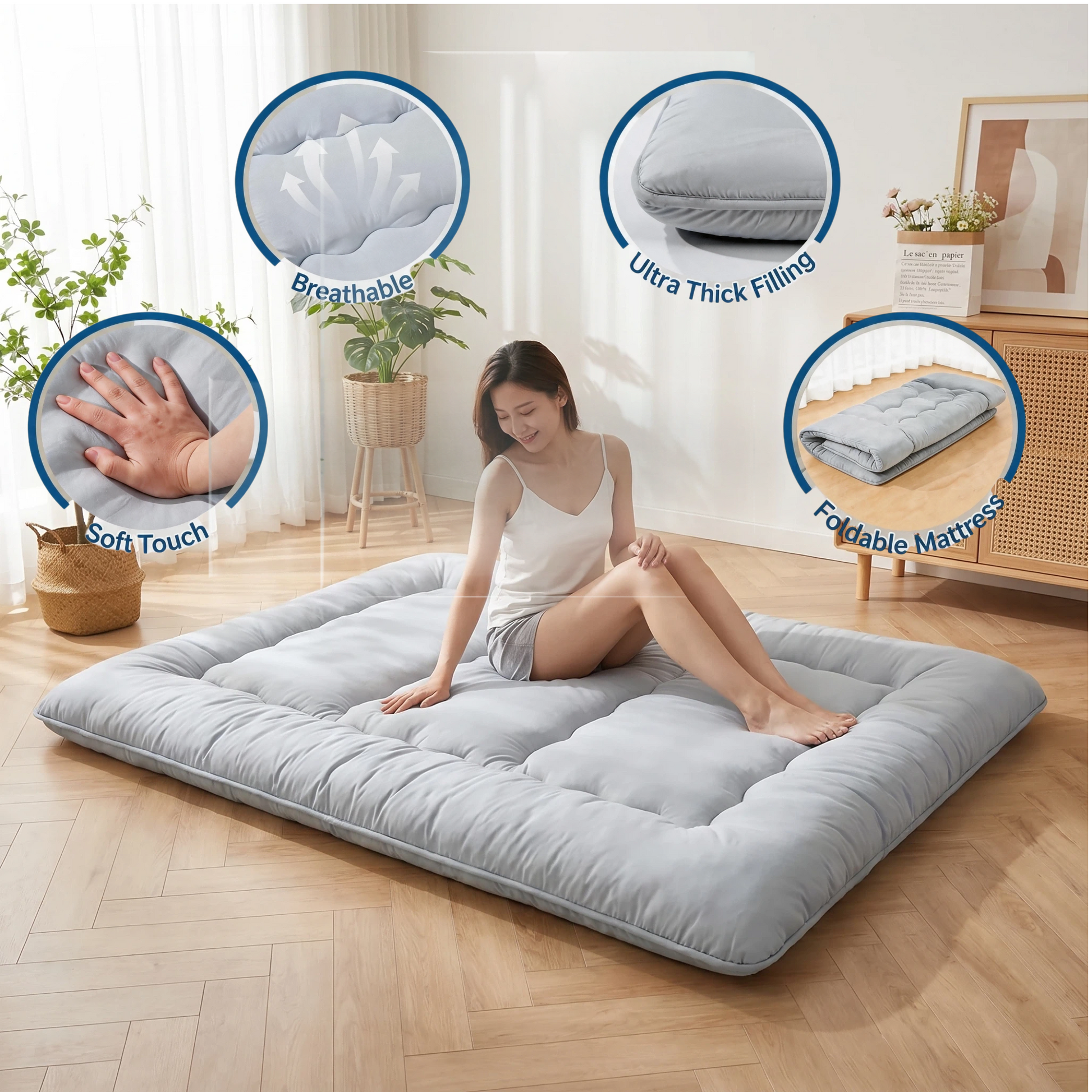 LIFERECORD Japanese Floor Mattress Full Size, Foldable Futon Mattress with Removable Washable Cover, Portable Roll Up Tatami Mat for Kids Room Dorm Sleepovers Solo Sleeper