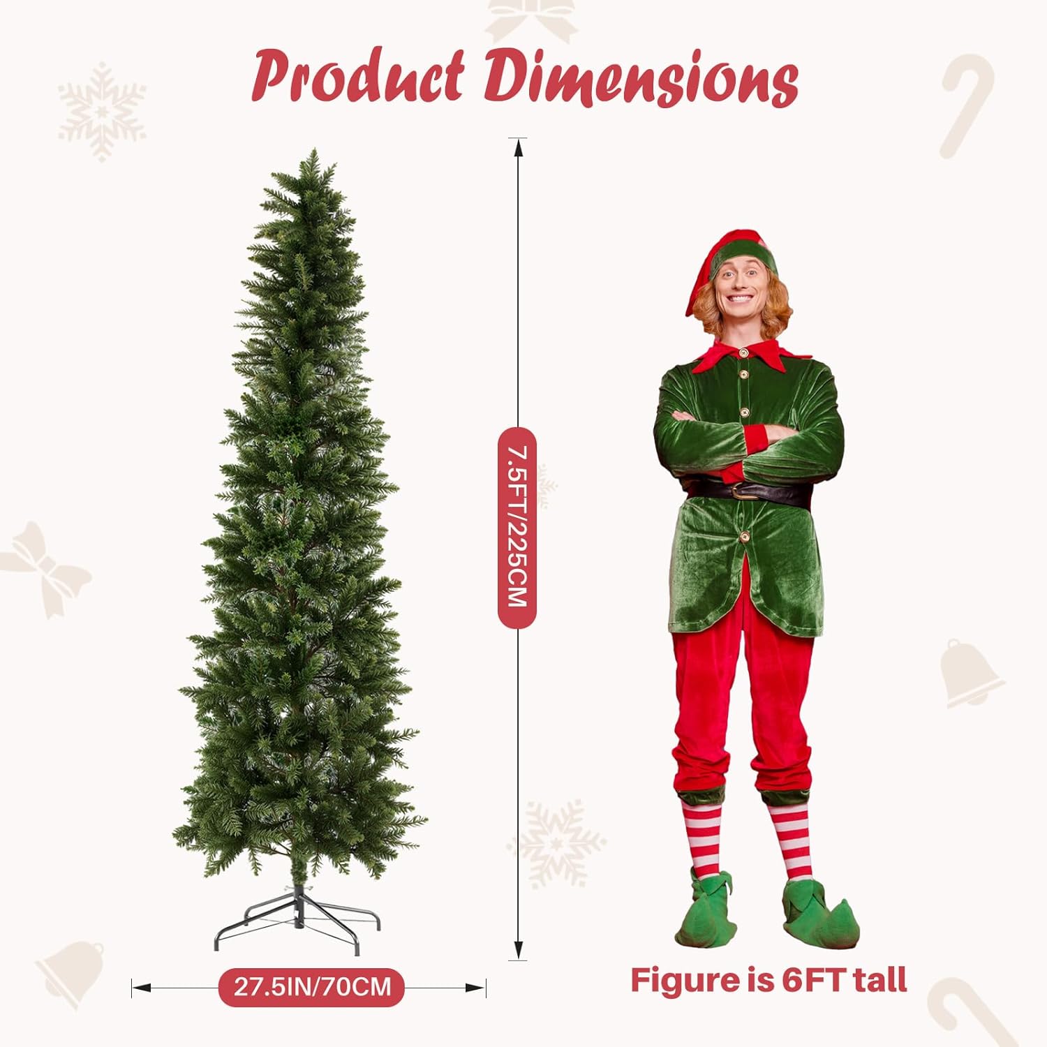 LIFERECORD 7.5ft Prelit Artificial Hinged Slim Pencil Christmas Tree with 350 Lights, 860 Full Branch Tips, 8 Warm Lingting Motes Perfect Decoration for Xmas Holiday, Green