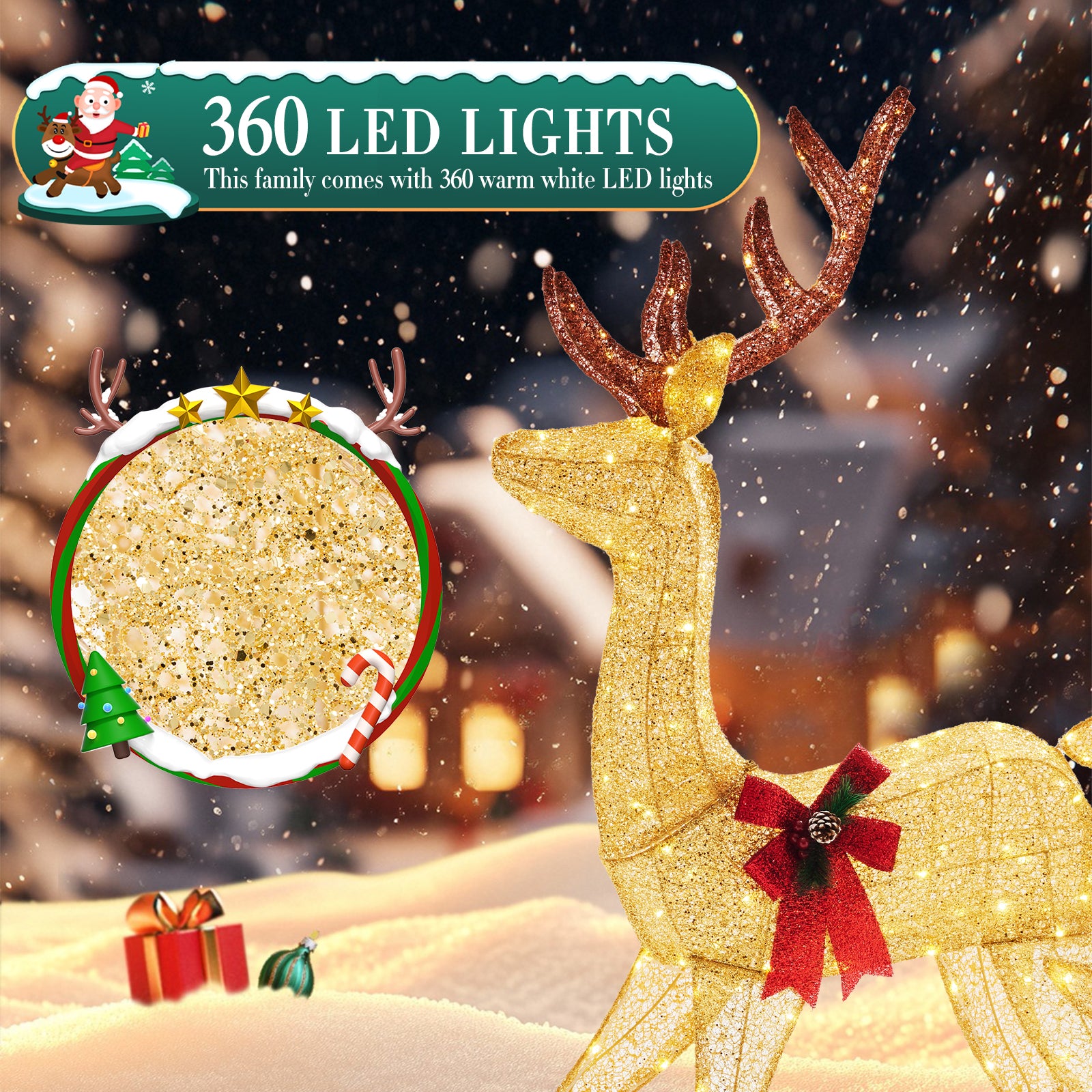 LIFERECORD 3-Piece 2D Lighted Christmas Deer Family Set - Large Outdoor Yard Reindeer Holiday Decoration with 360 LED Lights, Stakes, Zip Ties - Gold