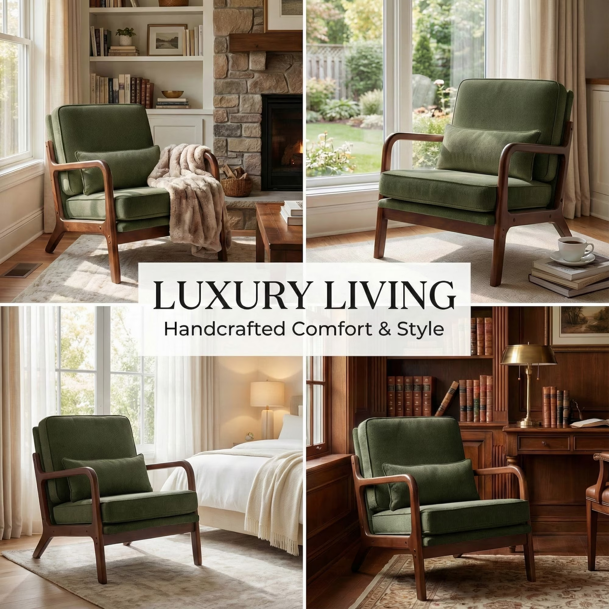 LIFERECORD Mid Century Modern Accent Chair, Reading Chair with Arms and Lumbar Cushion, Comfortable Lounge Chair for Living Room Bedroom, Solid Rubberwood Frame