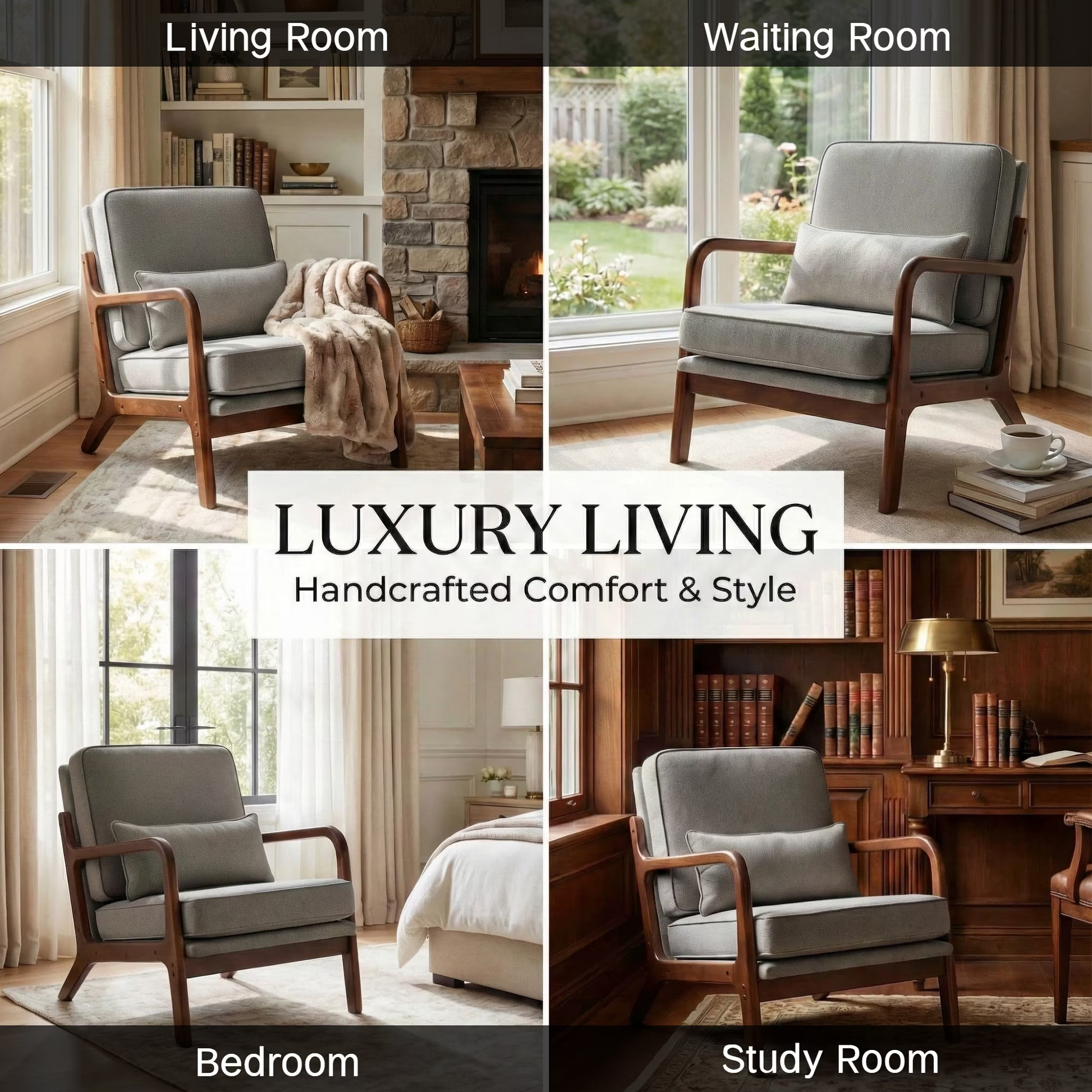 LIFERECORD Mid Century Modern Accent Chair, Reading Chair with Arms and Lumbar Cushion, Comfortable Lounge Chair for Living Room Bedroom, Solid Rubberwood Frame