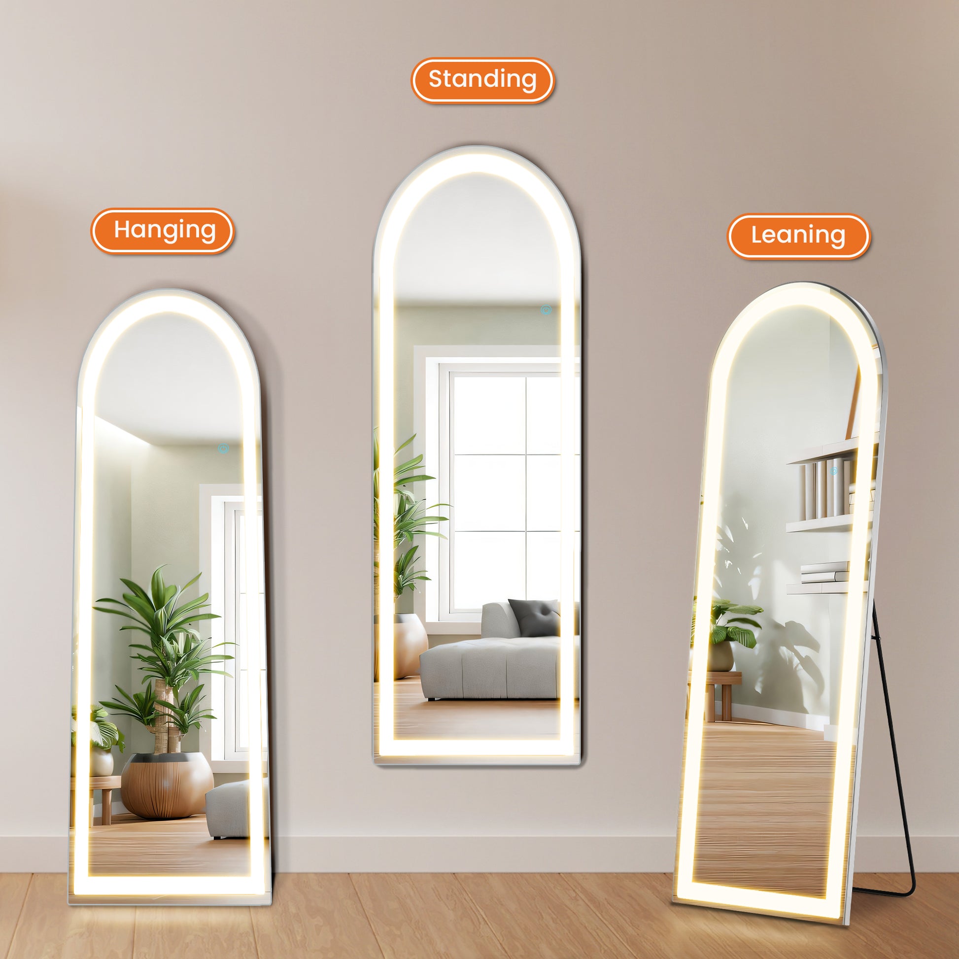 LIFERECORD 63"x20" Full Length Mirror with LED Lights, 3 Color Lighting Floor Standing Mirror with Dimming, Standing and Wall Mounted Mirror for Bedroom, Living Room, Cloakroom (Rounded Corners)