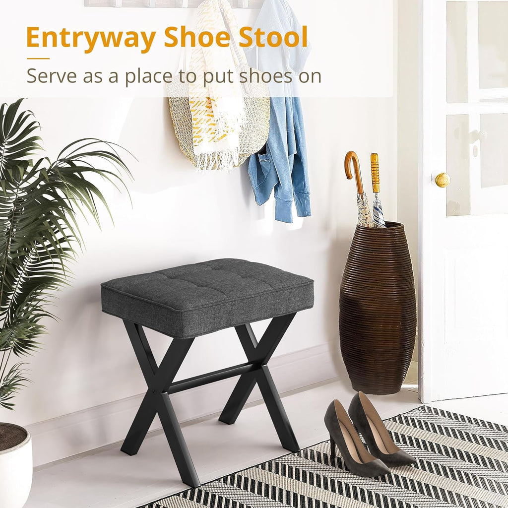 LIFERECORD Square Linen Makeup Stool with X-Leg Base - Modern Padded Vanity Stool & Foot Rest for Bedroom and Bathroom, Gray