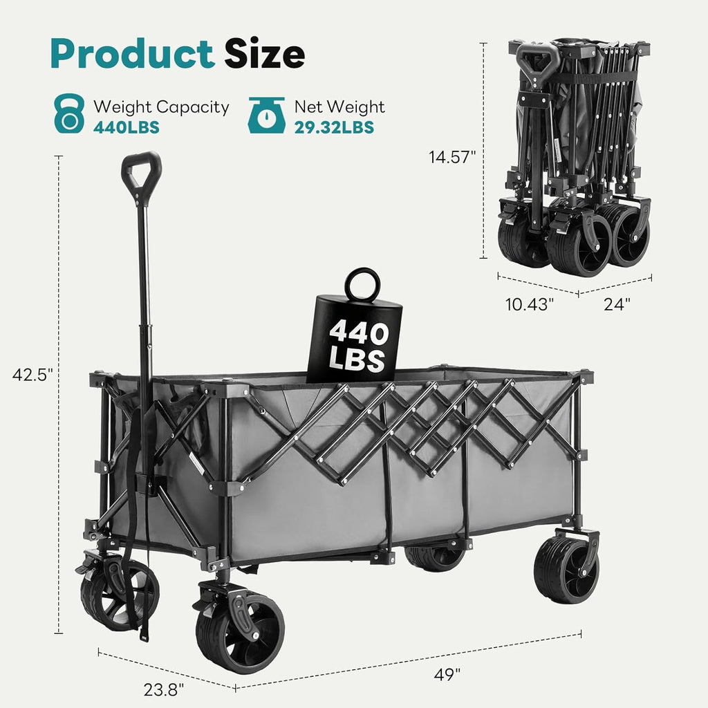ACCVER Heavy Duty Collapsible Wagon Cart - 440LBS Capacity Folding Utility Cart w/ All-Terrain Wheels for Camping, Beach, Grocery, Sports (Foldable & Portable), Extra Large Grey