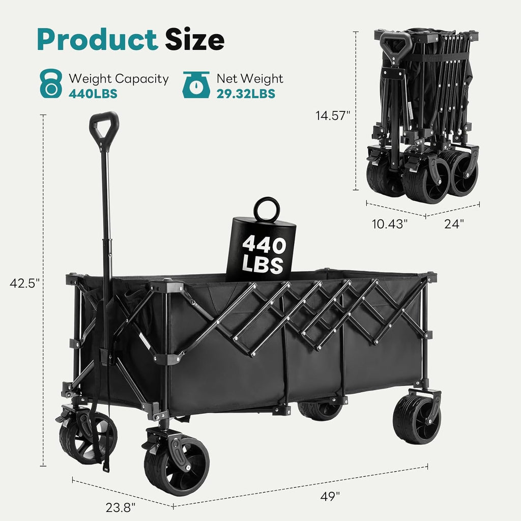 ACCVER Heavy Duty Collapsible Wagon Cart - 440LBS Capacity Folding Utility Cart w/ All-Terrain Wheels for Camping, Beach, Grocery, Sports (Foldable & Portable), Extra Large Black